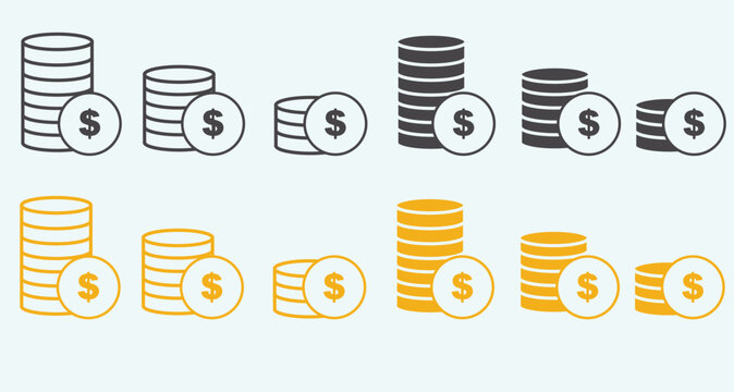 A collection of vector coin icons featuring various stacks and currency symbols. Ideal for financial topics, banking, investment, economy illustrations, payment systems, budgeting apps, and business i