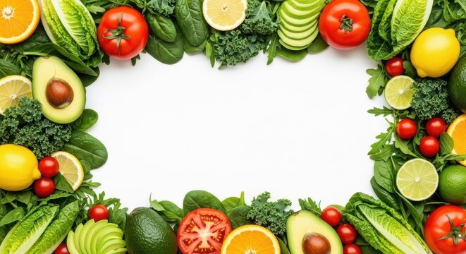 Fresh colorful assortment of healthy fruits and vegetables border on white background