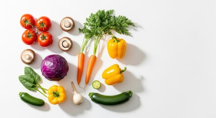 Fresh assortment of vibrant vegetables and mushrooms on white background