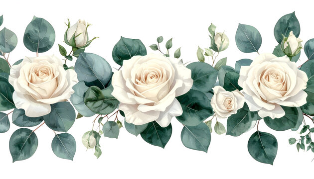 Floral Elegance: Exquisite white roses and lush green eucalyptus leaves combine to create a sophisticated and inviting floral border, perfect for conveying themes of beauty, elegance.