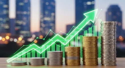 Stacks gold coins with glowing upward arrow overlaid on modern city skyline. Financial growth concept with stock market charts. Perfect for investment banking, economic reports, business presentations