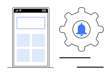 Smartphone interface next to gear and bell icon. Ideal for app settings, alerts, customization, user interface, mobile technology, software design, simple flat metaphor