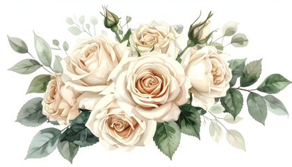 Elegant Roses: A collection of exquisite, creamy-white roses blooms gracefully, adorned with delicate green leaves, offering a touch of refined beauty.