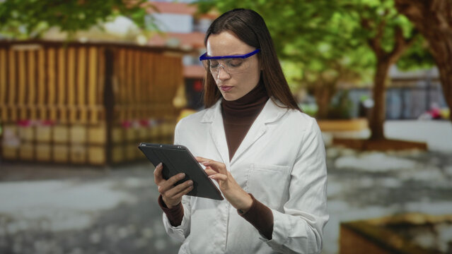Woman scientist tapping tablet on street wearing lab coat and safety goggles; concentration research.