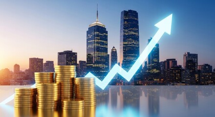 Stacks gold coins with glowing upward arrow overlaid on modern city skyline. Financial growth concept with stock market charts. Perfect for investment banking, economic reports, business presentations