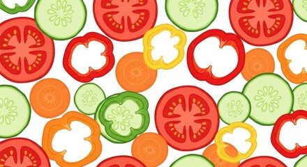 Seamless pattern of sliced fresh vegetables including tomatoes cucumbers and bell peppers