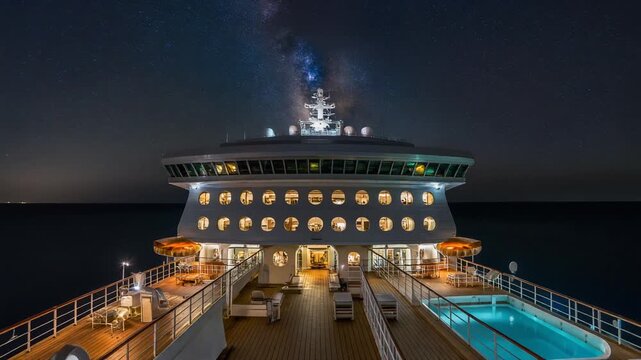 Illuminated Cruise Ship Under Starry Night Sky 4K Timelapse