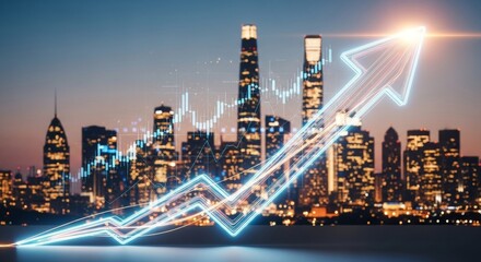 arrow rising above modern city skyline. 3D render symbolizing economic growth, financial success, market progress for business presentation, corporate background, investment report, real estate trend