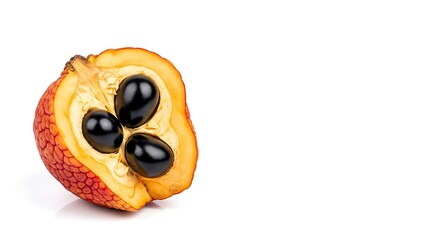 Half aai fruit showing black seed inside pulp isolated on white