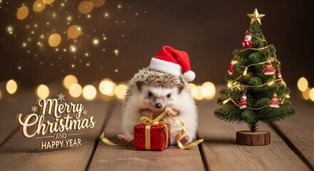 Hedgehog Christmas Celebration - A cute hedgehog wearing a Santa hat with a Christmas tree and a gift. Holiday cheer is in the air!