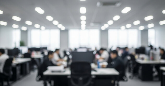 Modern office activity unfolds in a blurred view where employees concentrate at workstations beneath evenly spaced ceiling lights and natural light from tall windows.