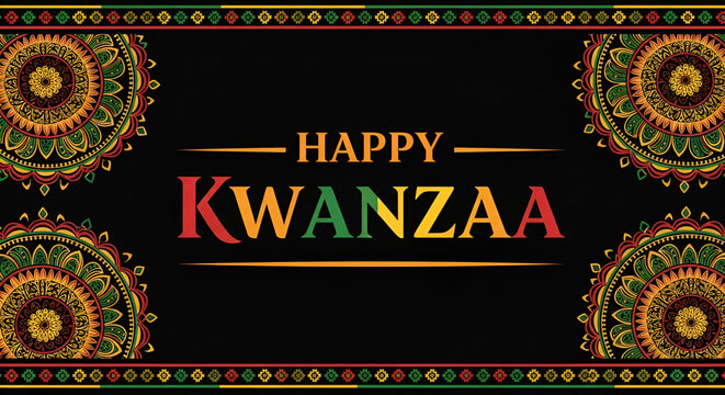 Happy kwanzaa banner with abstract ornament celebrating annual holiday. Vector illustration