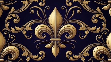 Elegant Golden Fleur-de-lis Pattern on Dark Blue Background.