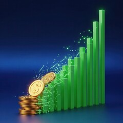 A stack of gold coins sitting on top of a green bar chart