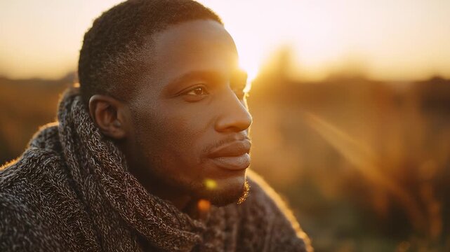 A man sits quietly in a field, wrapped in a warm scarf as the golden sunset shines around him. The man enjoys the warm glow of the sunset while reflecting on the tranquil evening.