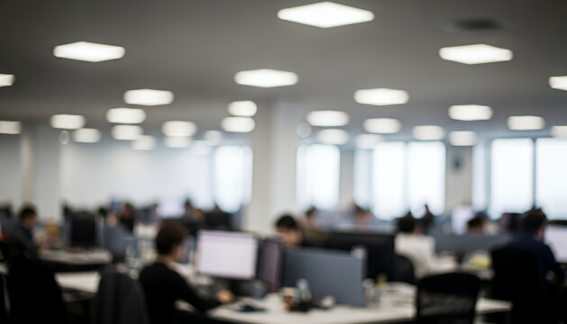 Soft focus captures a wide office layout with teams working at shared tables while bright ceiling panels and window light shape the contemporary workspace.