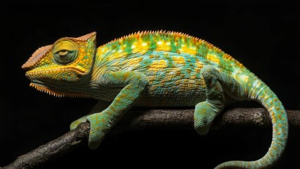 A green and yellow chameleon sits comfortably on a branch, showcasing its vibrant coloration
