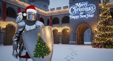 Knight Celebrating Christmas at the Castle - A knight in shining armor with a Christmas hat stands in front of a castle with a Christmas tree and decorations.