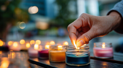 Hand igniting colorful anniversary wax cylinders defocused celebration background birthday candle lighting festive flame ignition special occasion ritual celebratory fire