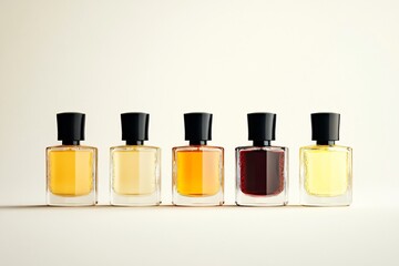 Elegant perfume bottles lined up in warm light for a sophisticated fragrance advertisement or beauty product promotion showcasing luxury and style