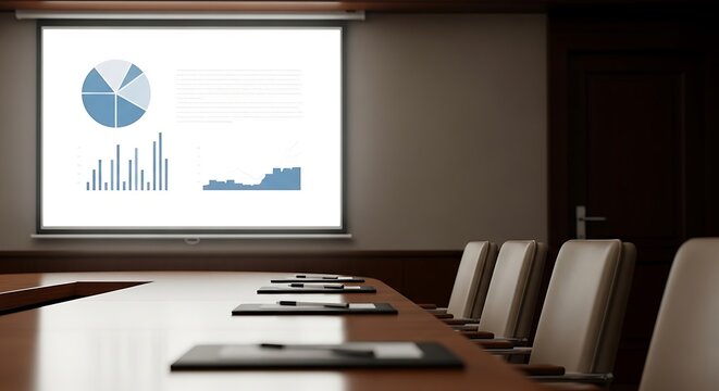 Conference room with presentation screen displaying charts and graphs