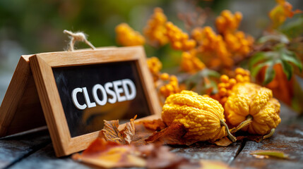 Closure announcement for gratitude holiday with seasonal produce defocused autumn background pumpkin falling leaf display festive business notification thanksgiving message