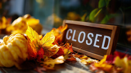 Closure announcement for gratitude holiday with seasonal produce defocused autumn background pumpkin falling leaf display festive business notification thanksgiving message