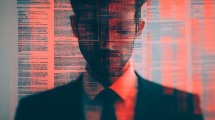 A digital portrait of a man in a suit, with a distorted overlay of text and colors, creating a sense of complexity and intrigue.