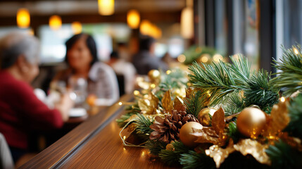Warm seasonal meal with companions celebrating yuletide defocused decorated table background garland pinecone light arrangement cozy holiday dining atmosphere restaurant home
