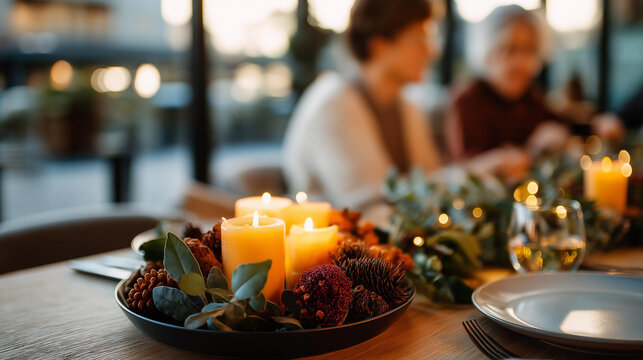 Warm seasonal meal with companions celebrating yuletide defocused decorated table background garland pinecone light arrangement cozy holiday dining atmosphere restaurant home