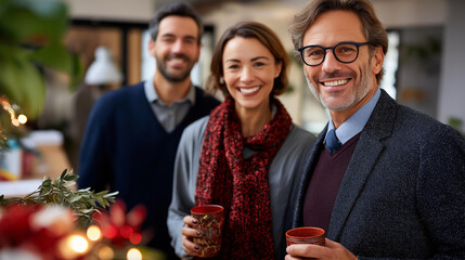 Jovial workplace colleagues celebrating yuletide season faceless professionals defocused office background festive business gathering seasonal team celebration corporate