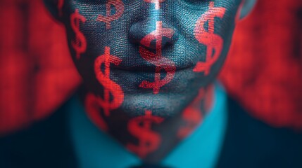 A digital portrait of a man with a dollar sign pattern overlay, representing themes of finance, wealth, and possibly greed.