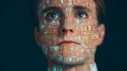 A close-up of a man's face with a digital overlay of currency symbols, symbolizing finance and wealth, creating an intense and thought-provoking visual.