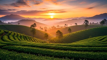 Breathtaking Sunrise Over Lush Green Tea Plantations in Rolling Hills.