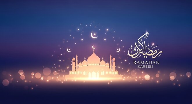 Islamic mosque silhouette with crescent moon and stars against an elegant backdrop