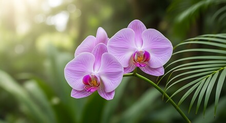 Obraz premium Close up of delicate light purple phalaenopsis orchid flowers blooming in garden
