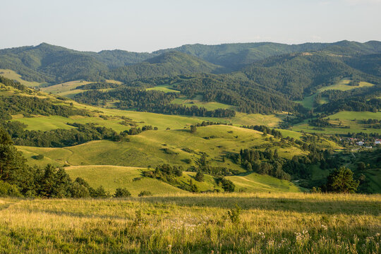 Summer landscapes of the Pieniny mountains with distant Tatra views, golden hour hiking scenery