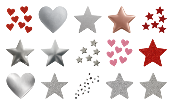PNG Colorful metallic hearts stars, element set on transparent background
