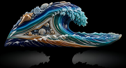 Spectacular artistic sculpture of a powerful ocean wave with intricate details and vibrant colors against a dark background
