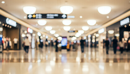 Warm ceiling lights scatter across a spacious retail corridor as shoppers drift between glowing store entrances that line the softly blurred mall interior.