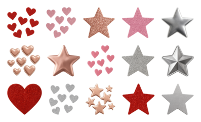 PNG Glittery hearts stars collection, element set on transparent background
