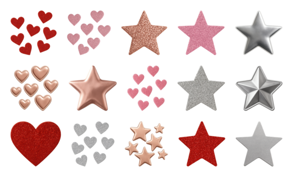 PNG Glittery hearts stars collection, element set on transparent background - Powered by Adobe