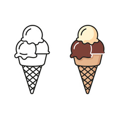 Ice cream cone outline and colored version sweet dessert snack
