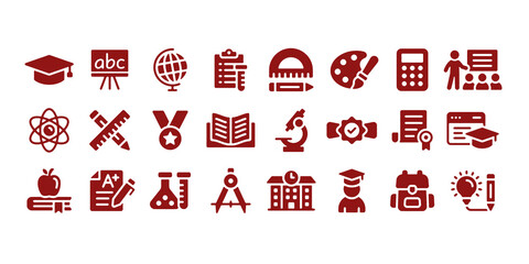 Education icon set. Containing study, graduation, student, knowledge, learning, school and stationery icons. Solid icon set. Vector illustration.