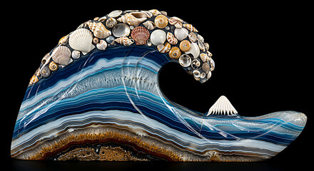 Artistic sculpture of a crashing ocean wave made from colorful shells and glass with a miniature mountain peak emerging from the water