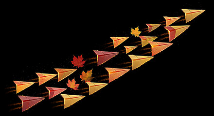 Diagonal string of autumnal paper bunting flags in warm orange and red hues against a black background
