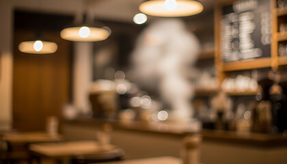 Softly lit pendant lamps and warm tones create a peaceful cafe ambience, with blurred details and creamy bokeh forming a dreamy setting perfect for quiet moments and relaxation.