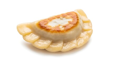 Single panfried pierogi dumpling with golden brown crust isolated on white background
