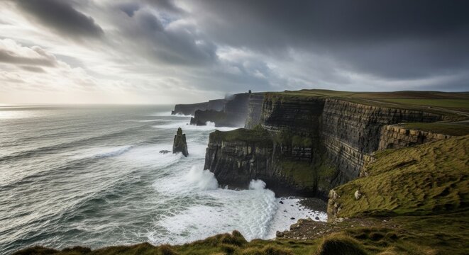 Dramatic coastal cliffs under stormy grey clouds