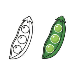 Pea pod line art and colored illustration. healthy green food.